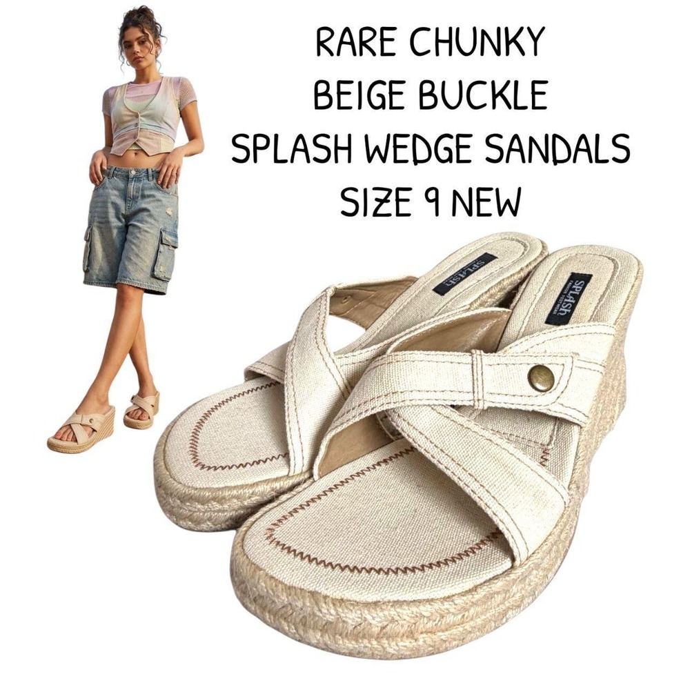 🖤 RARE VINTAGE Y2K SPLASH CHUNKY BEIGE BUCKLE WEDGE SANDALS 9 NEW